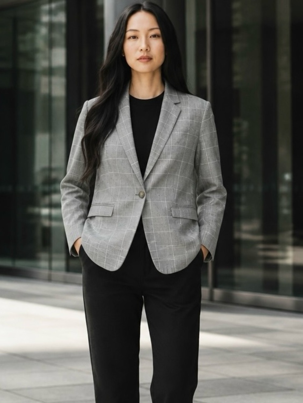 Ann Taylor Women's Light Gray Windowpane Single-Button Blazer Size 14
